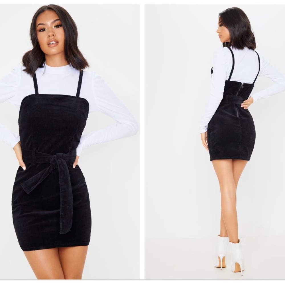 EUC PrettyLittleThing Black Cord Tie Denim Dress US 2